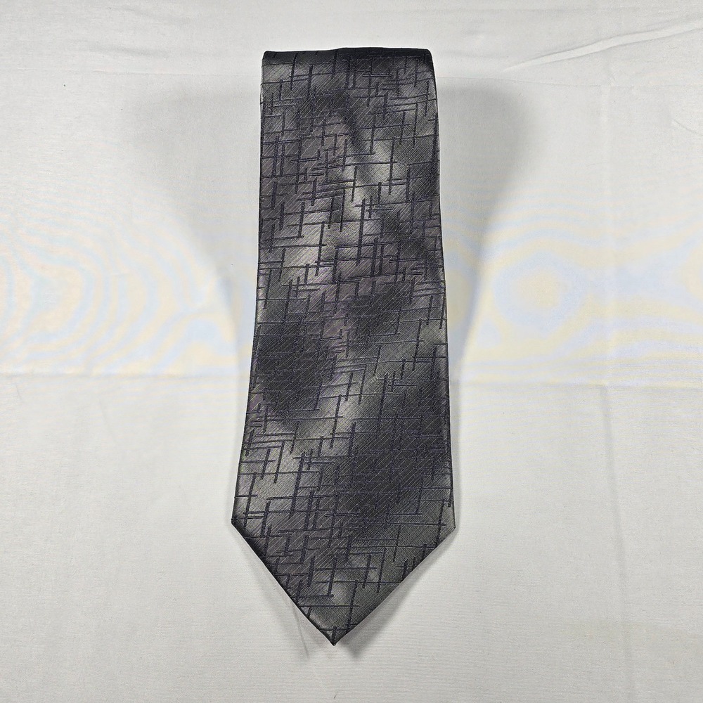 Silk Tie Versini Mens Grey Charcoal Geometric Grid Pattern Formal Business